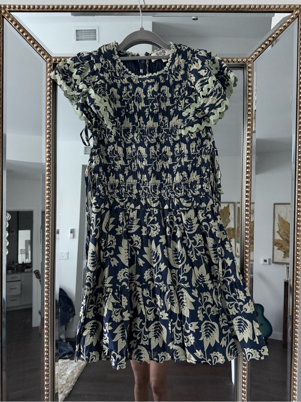 Sea New York Linda Navy and Cream Floral Smocked Mini Dress - Picture 2 of 4